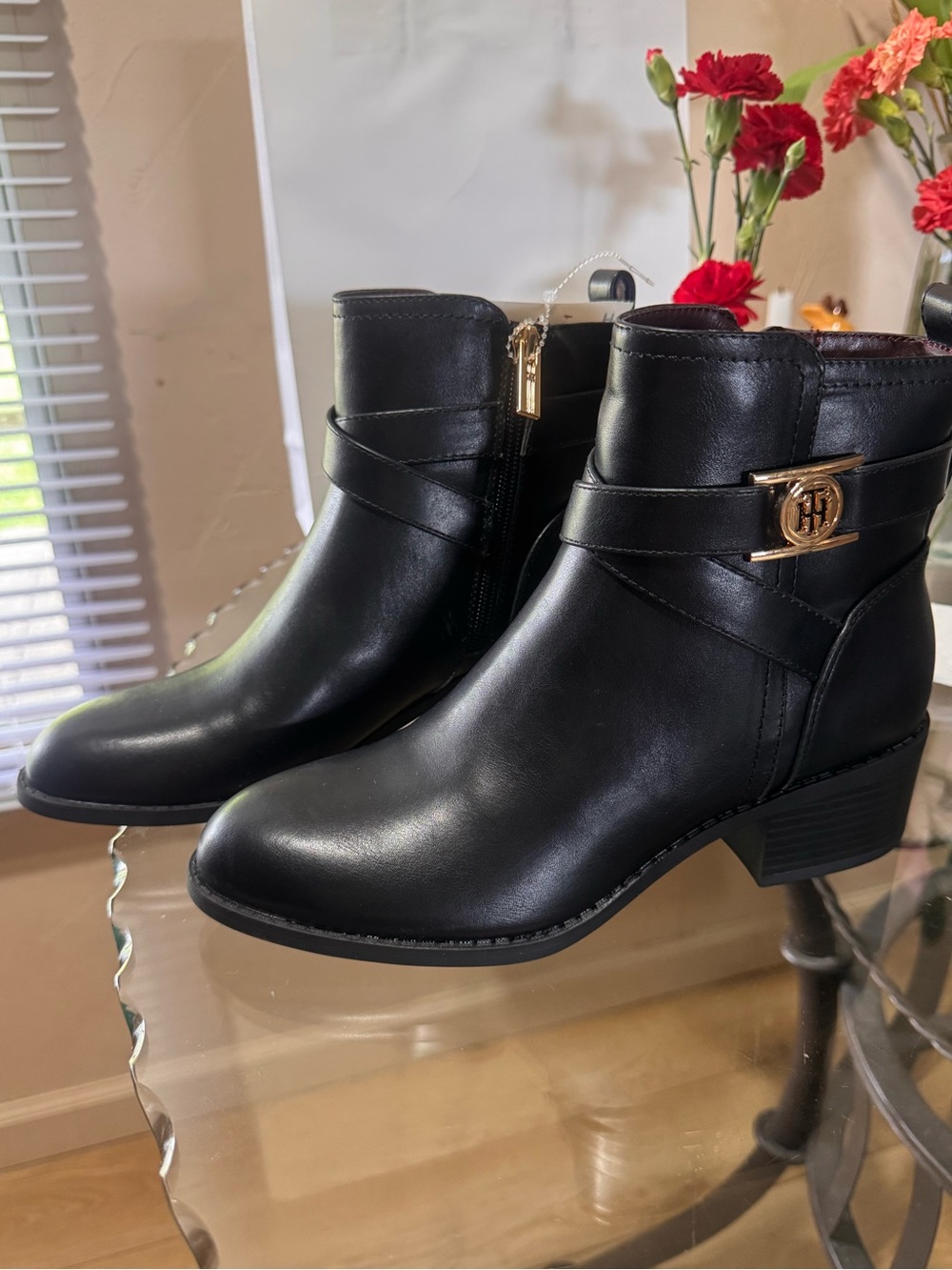 Tommy Hilfiger Black Leather Ankle Booties with Gold Logo Hardware